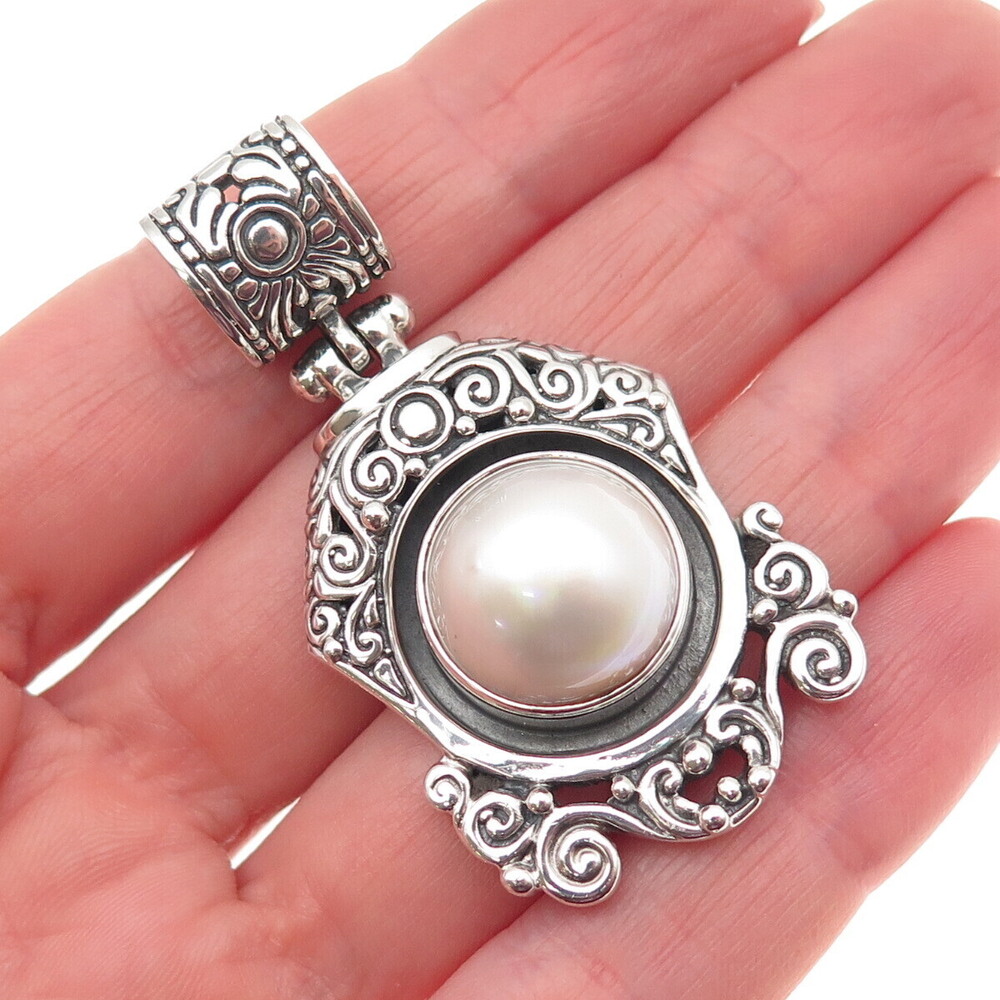 NK SILVER 925 Sterling Vintage Real Pearl Swirl Oxidized Pendant